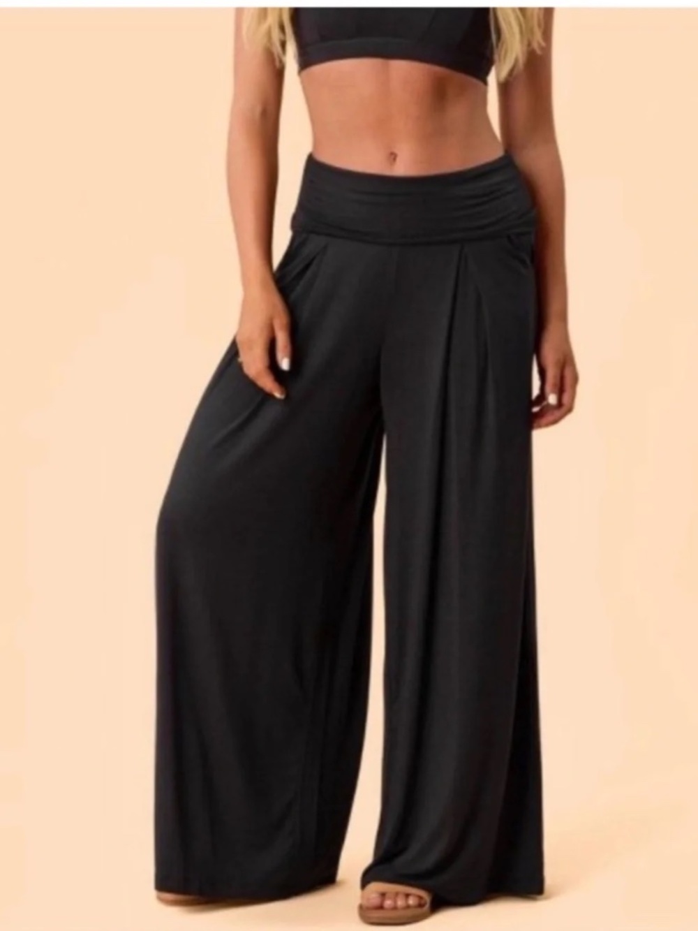 Blogilates Women’s Homebody Foldover Wide Leg Pants - Black Size Large NWT